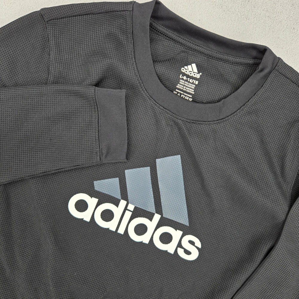 Adidas Large 14/16 Long Sleeve Waffle Knit Shirt Boys Athletic Grey Logo